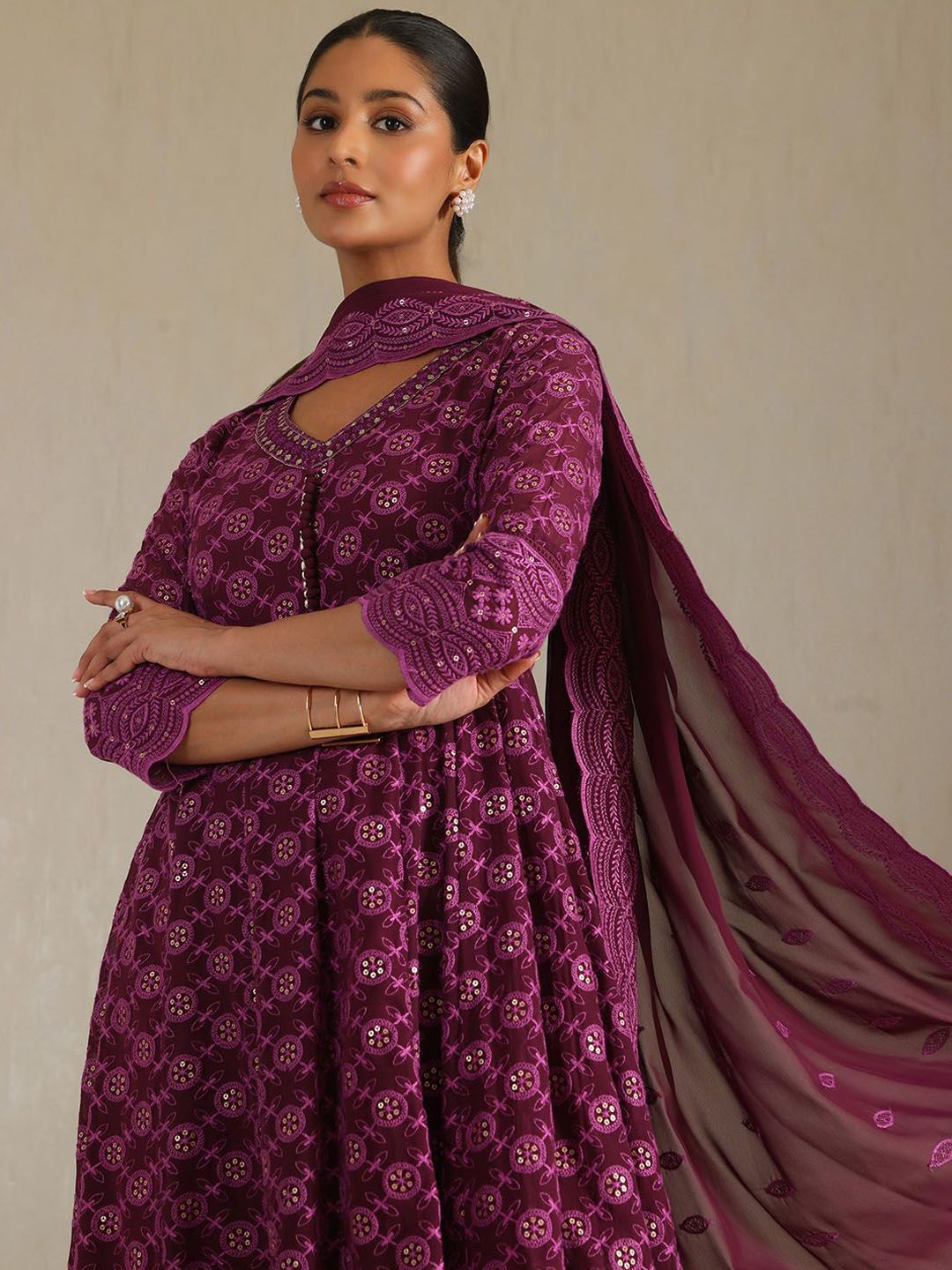 Dhiyona SO Women's Geometric Embroidered Thread Work Georgette Anarkali Kurta With Trousers And Dupatta