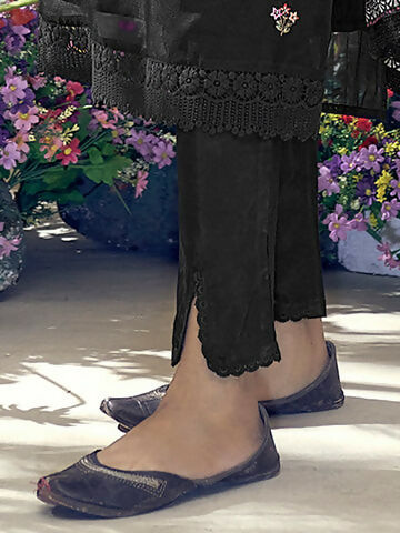 Women's Black Embroidered Straight Kurta Trousers With Dupatta Set