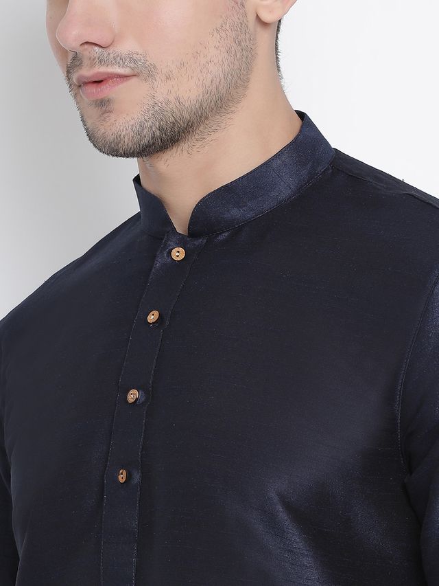 Men's Dark Blue Silk Blend Pathani Kurta and Dhoti Set