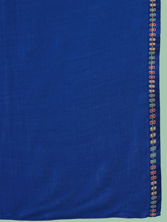 Women's Blue floral Embroidered A-Line Kurta & Trousers With Dupatta