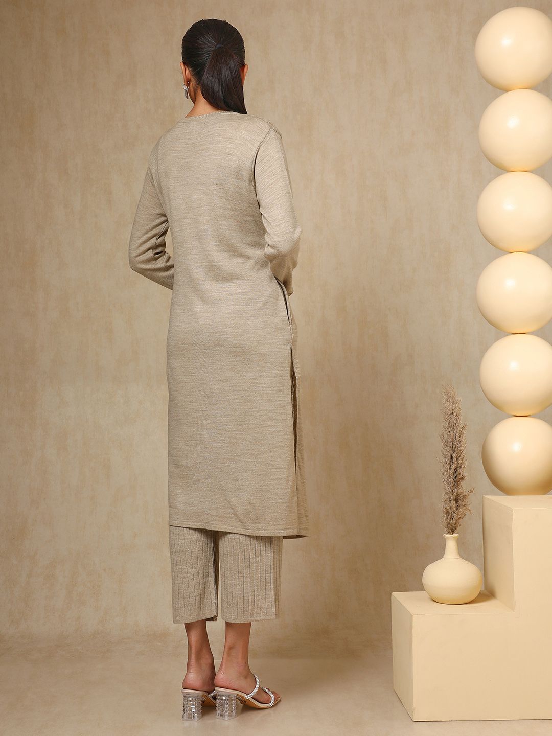 Dhiyona SO Women's Beige Geometric Woven Design Acrylic Straight Kurta With Trouser