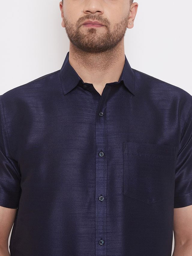Men's Navy Blue Silk Blend Straight Shirt And Mundu