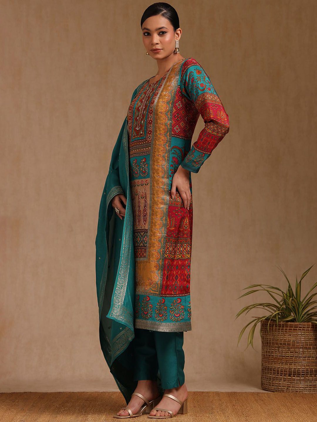 Dhiyona SO Women's Ethnic Motifs Printed Mirror Work Straight Kurta With Trouser And Dupatta