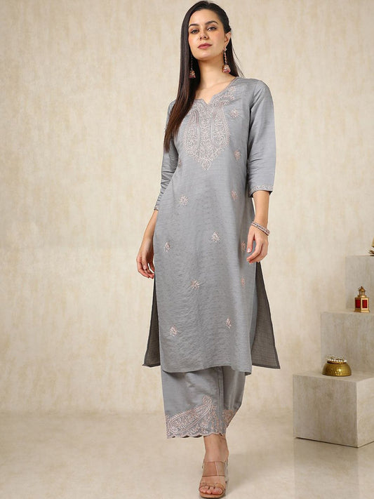 Dhiyona SO Women's Paisley Embroidered Thread Work Notched Round Neck Straight Kurta with Palazzos