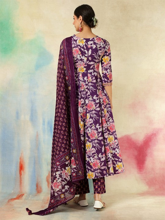 Women's Floral Printed V-Neck Pure Cotton Kurta With Palazzos And Dupatta