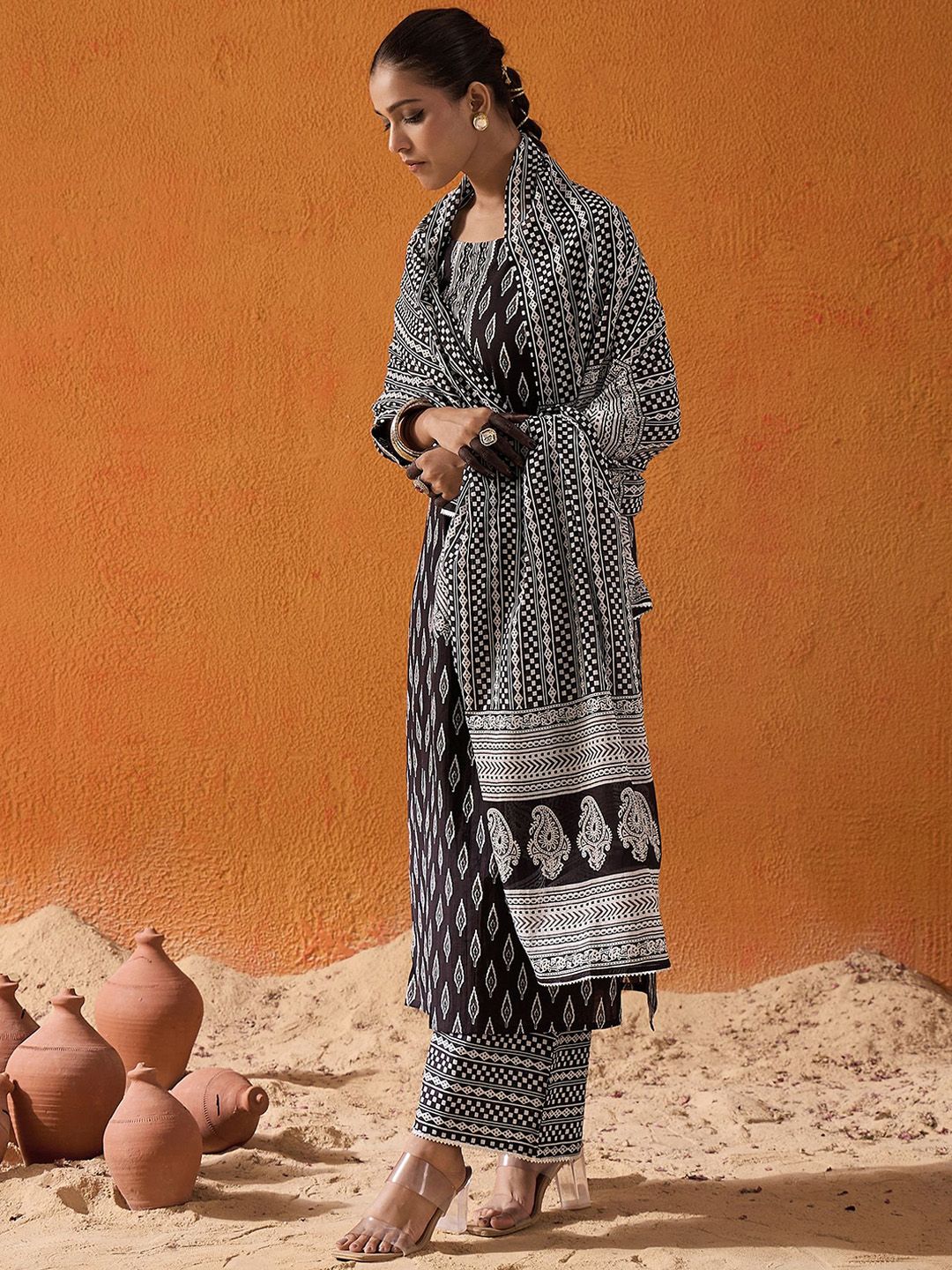 Dhiyona IE Geometric Printed Mirror Work Pure Cotton Kurta With Palazzos & Dupatta