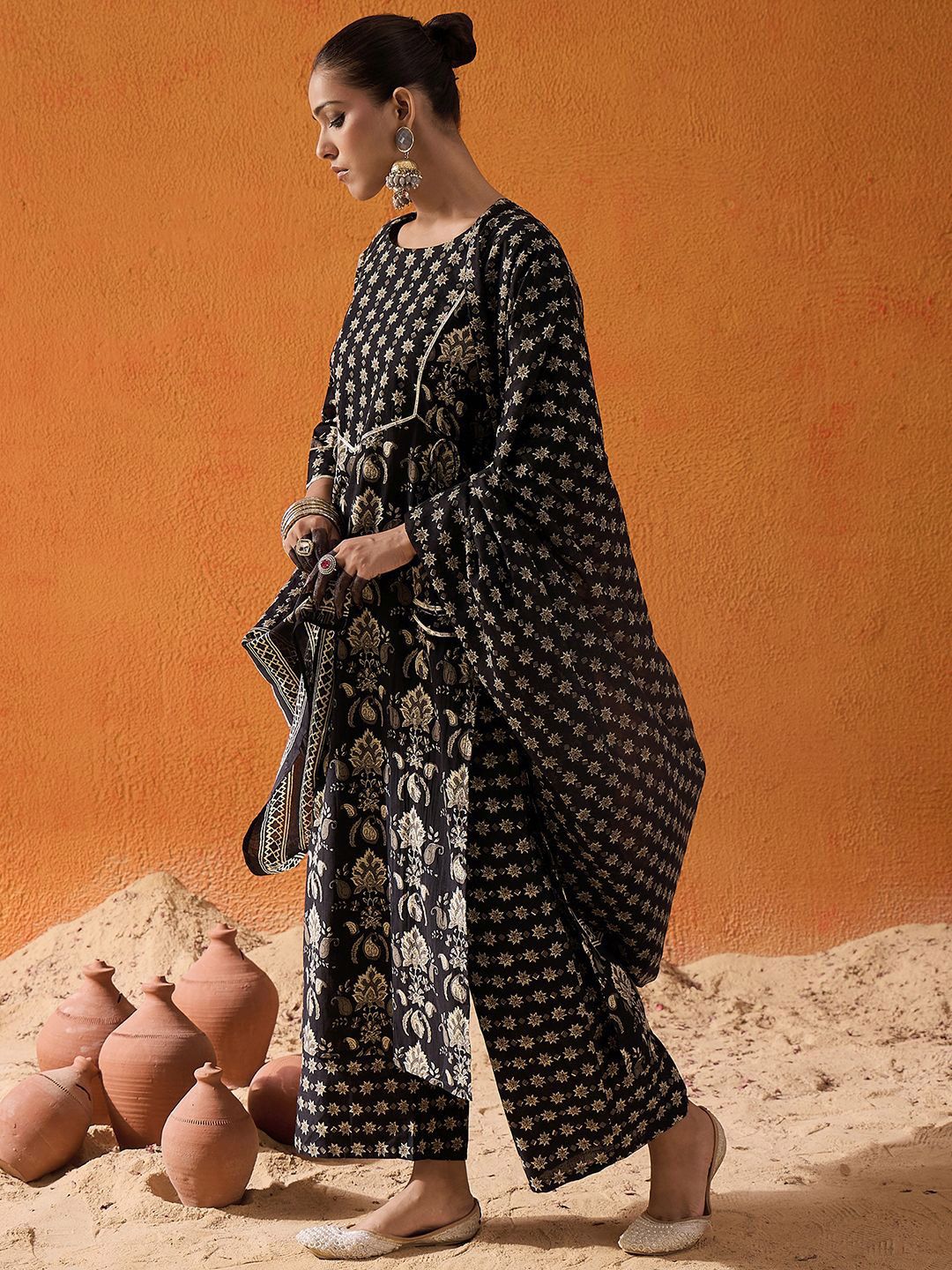 Dhiyona IE Black Floral Printed Gotta Patti Pure Cotton Kurta with Palazzo & Dupatta