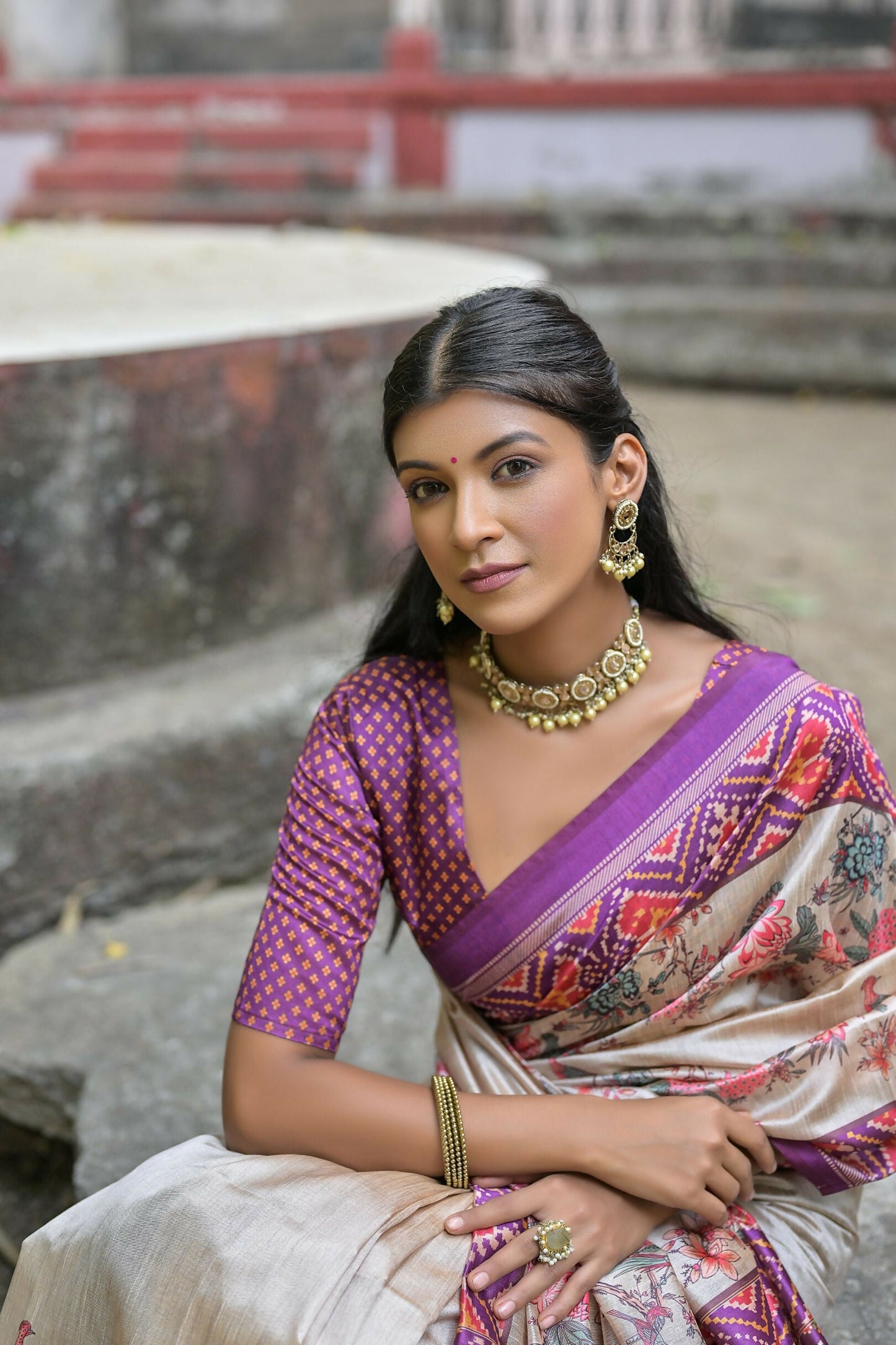 Women Yogita Patola Wine Saree With Unstiched Blouse