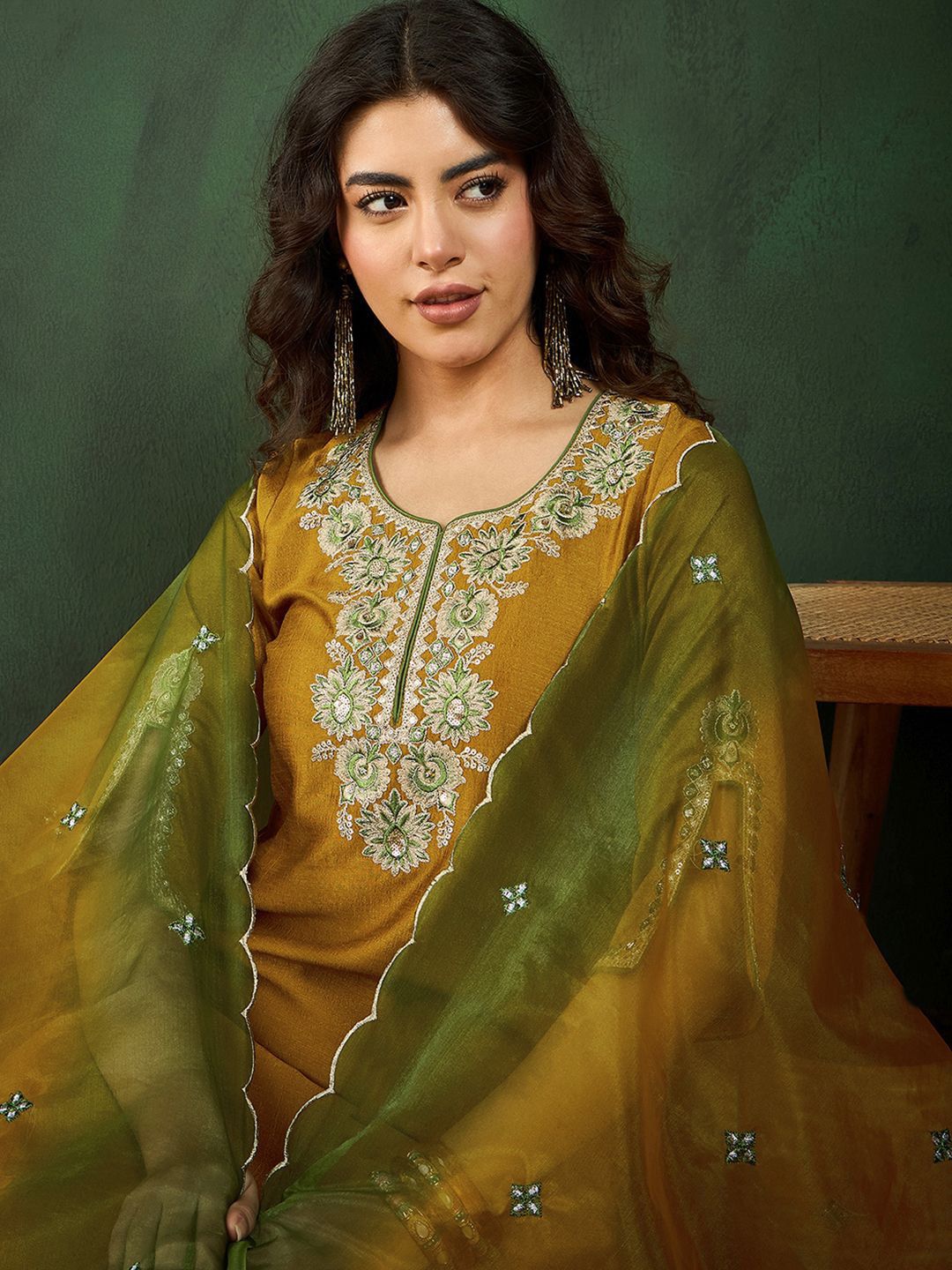 Dhiyona SN Women's Mustard Yellow & Green Floral Embroidered Zari Kurta With Trousers & Dupatta