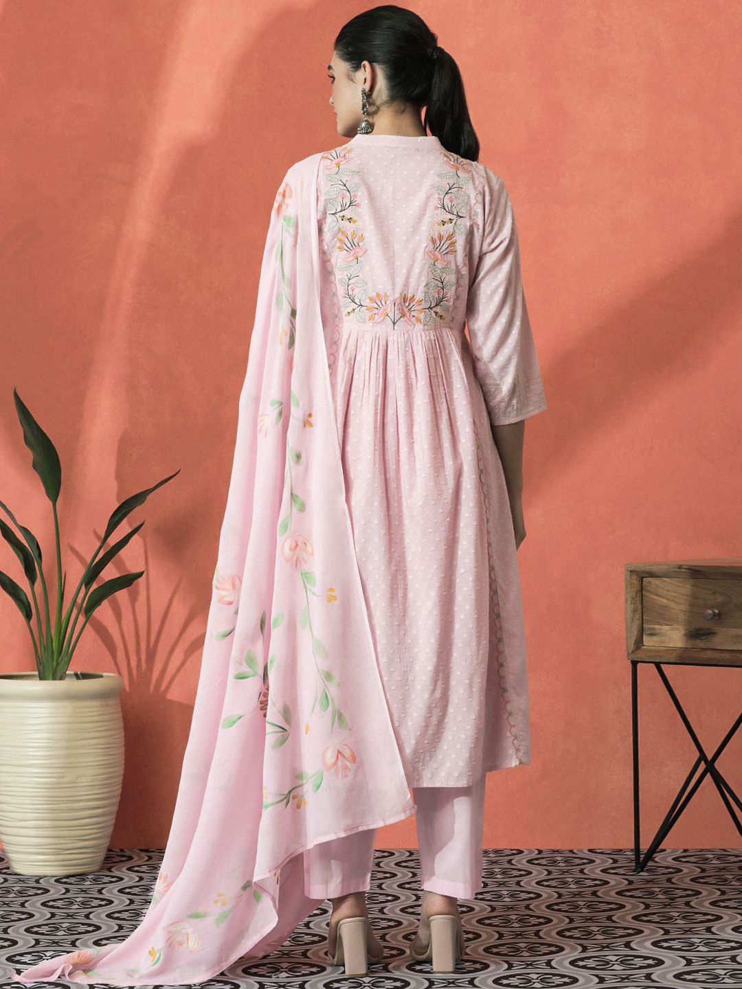 Dhiyona SN Women's Floral Embroidered Mandarin Collar Cotton A-Line Kurta With Trouser & Dupatta