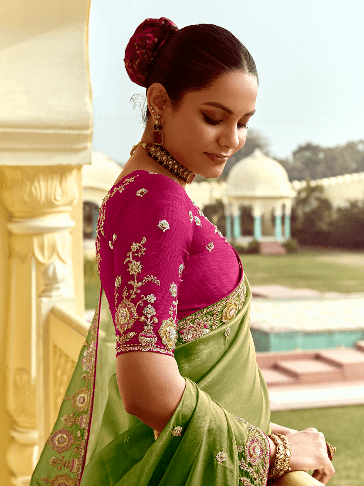 Dhiyona KM Women Olive Green Designer Tissue Silk Saree