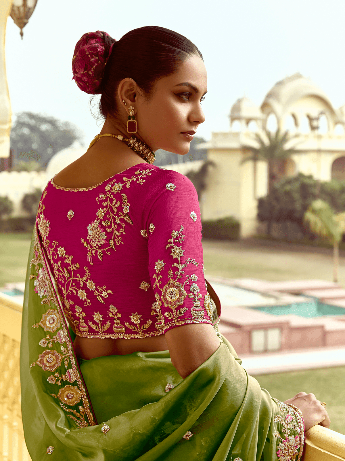 Dhiyona KM Women Olive Green Designer Tissue Silk Saree