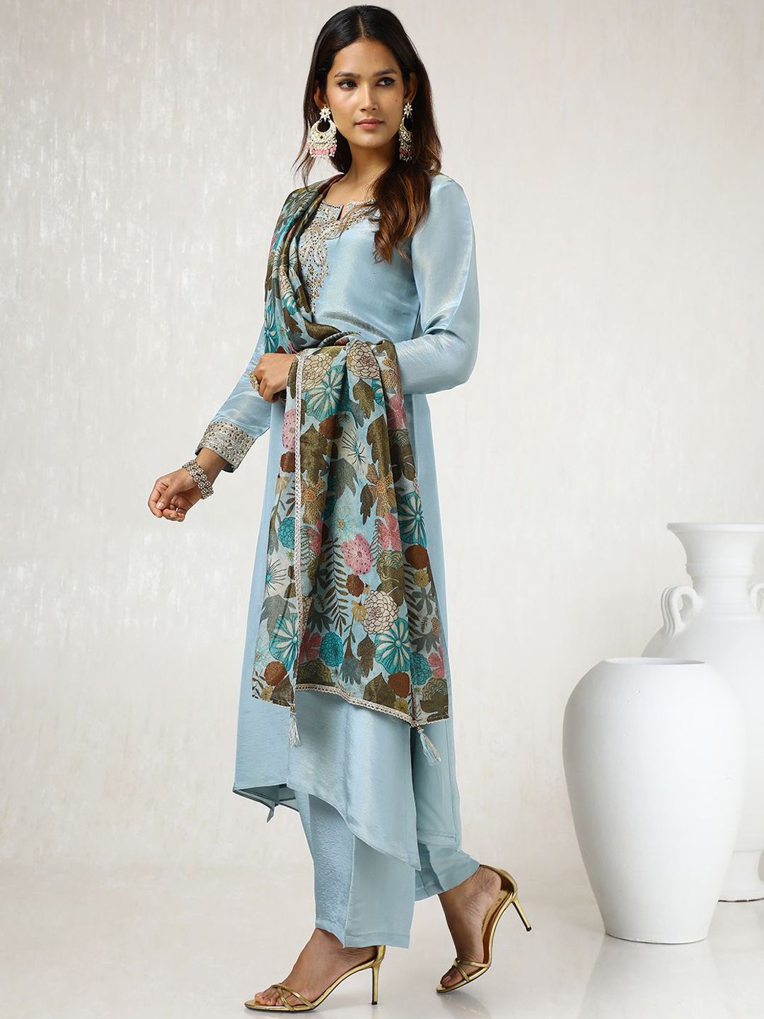 Dhiyona SO Women's Blue Paisley Embroidered Regular Beads Work Tissue Straight Kurta & Palazzo & Dupatta
