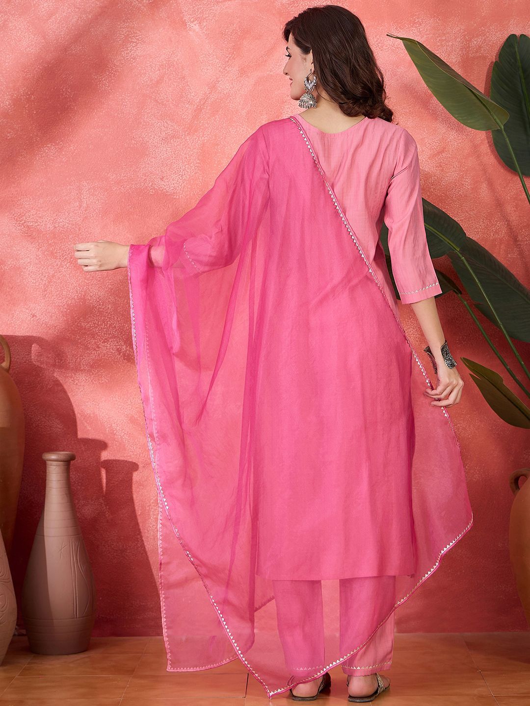 Dhiyona SN Women's Zari Sequin & Mirror Work Embroidered Straight Kurta & Trousers With Dupatta