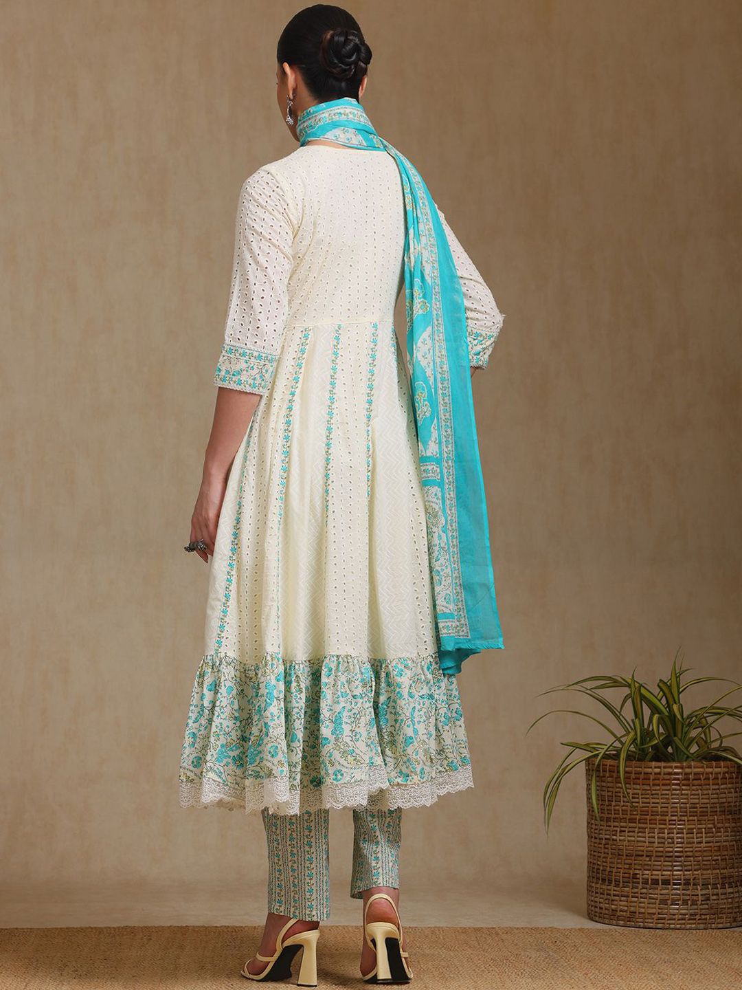 Dhiyona SO Women's Floral Self Design Panelled Thread Work A-Line Kurta With Trousers & Dupatta