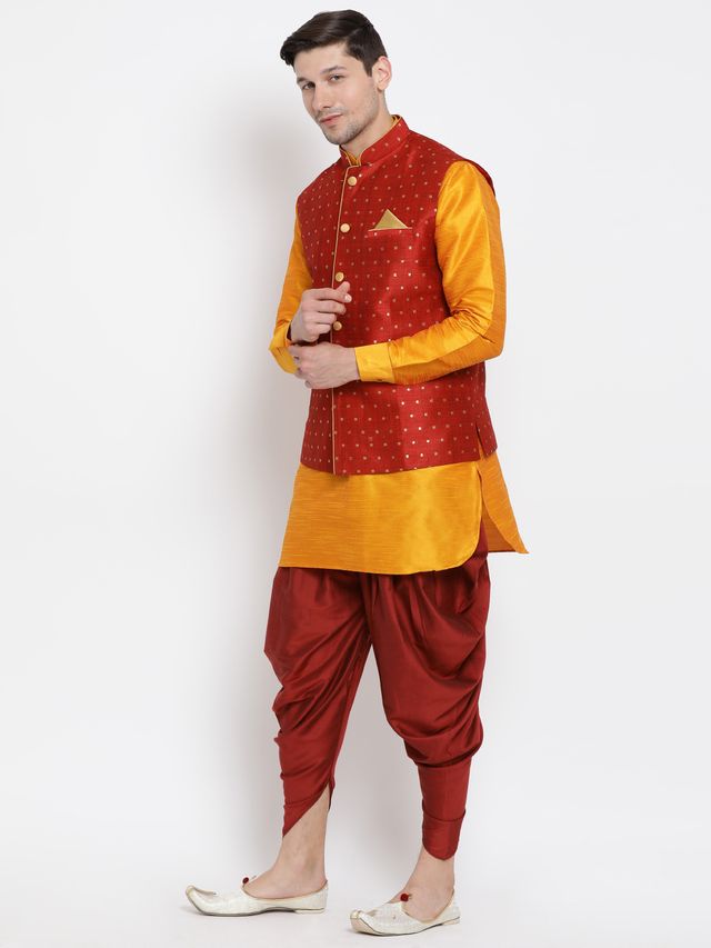 Men's Orange Silk Blend Straight Jacket Kurta and Dhoti Set