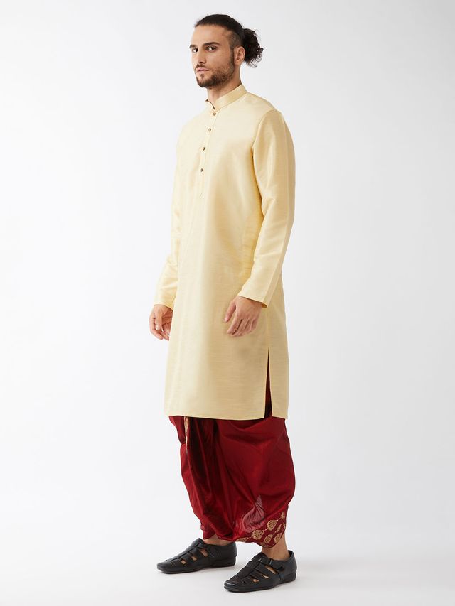 Men's Gold Silk Blend Straight Kurta and Dhoti Set
