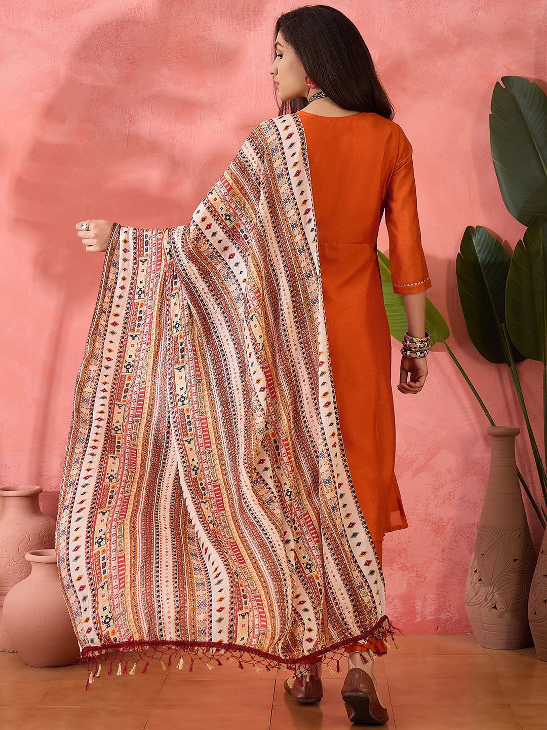 Dhiyona SN Women's Orange Mirror Work V-Neck Empire A-Line Kurta With Trousers And Dupatta