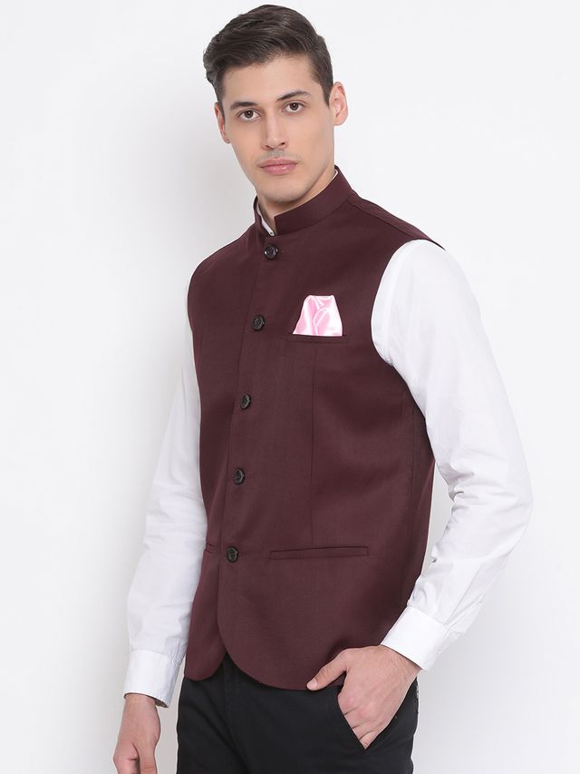 Men's Maroon Cotton Silk Straight Nehru Jacket