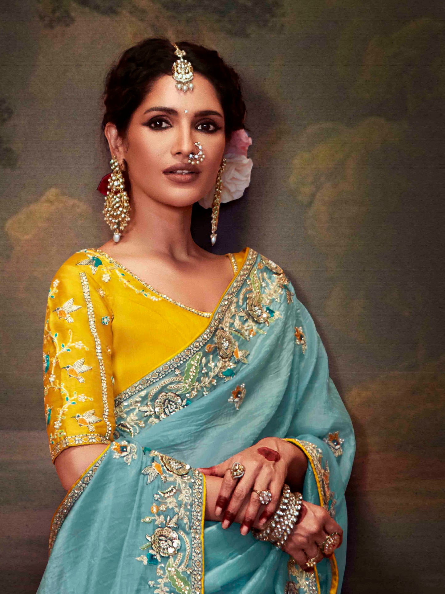 Dhiyona KM Women Ice Blue Designer Organza Silk Saree