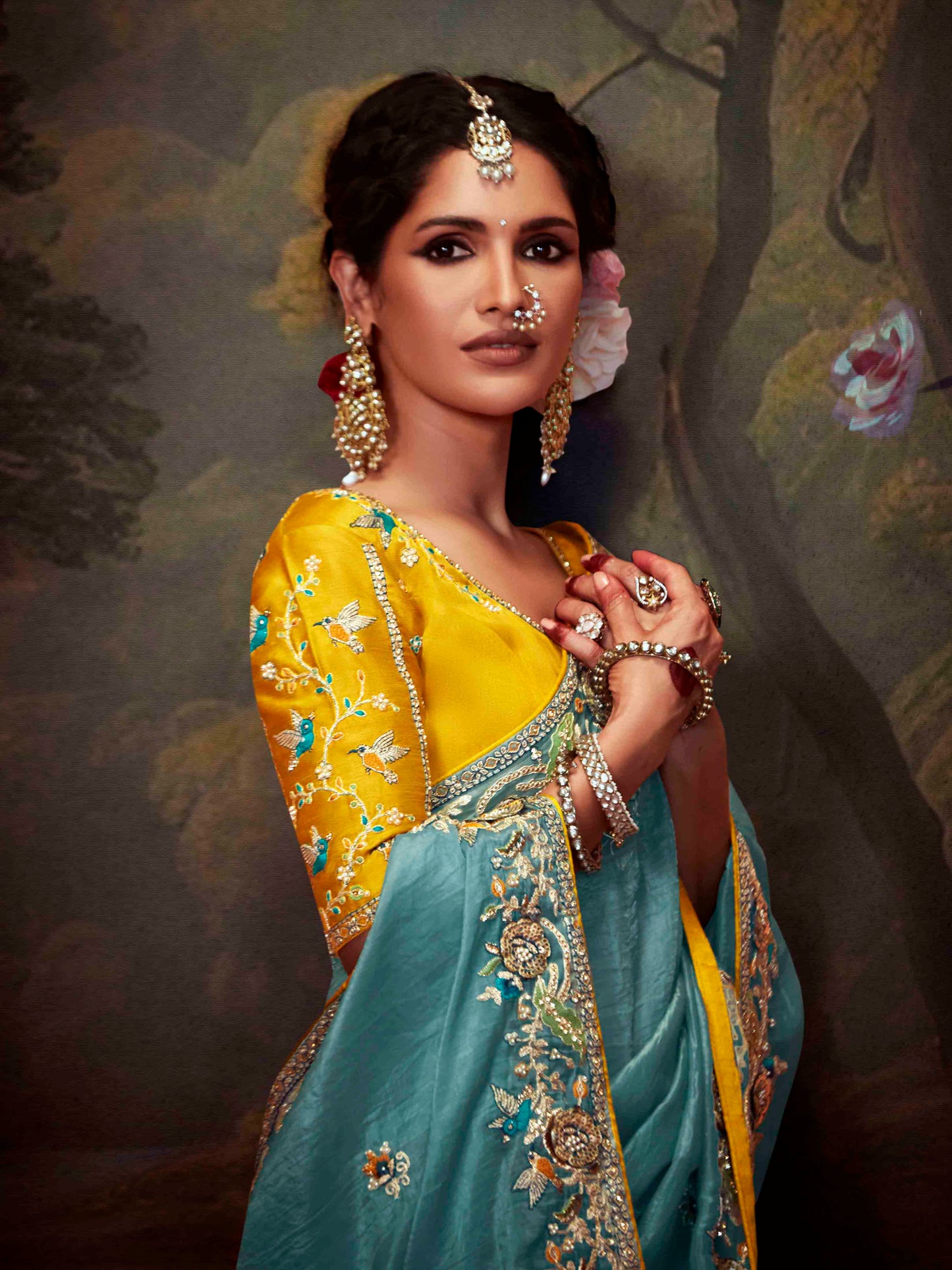 Dhiyona KM Women Ice Blue Designer Organza Silk Saree