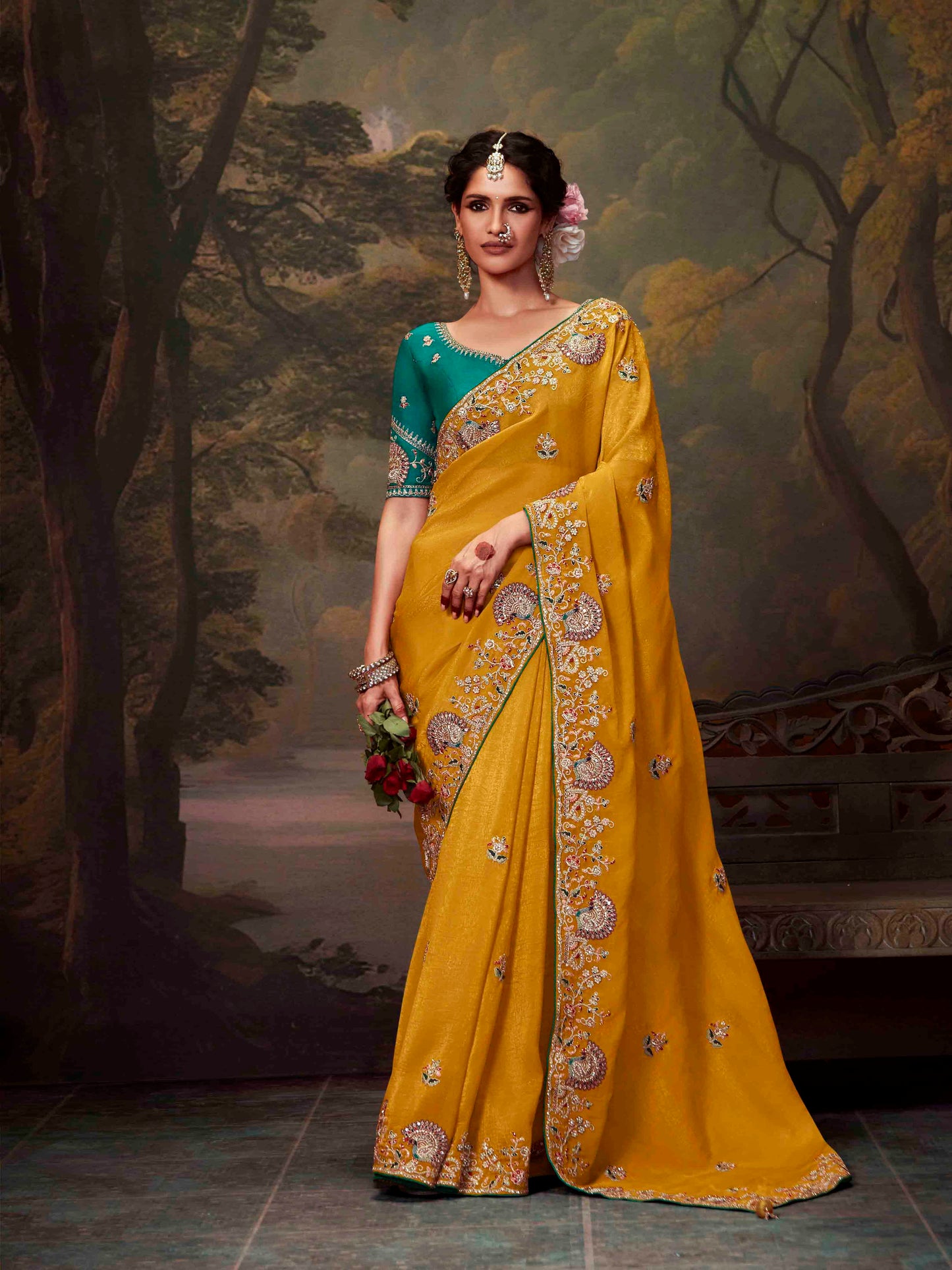 Dhiyona KM Women Mustard Yellow Designer Organza Silk Saree