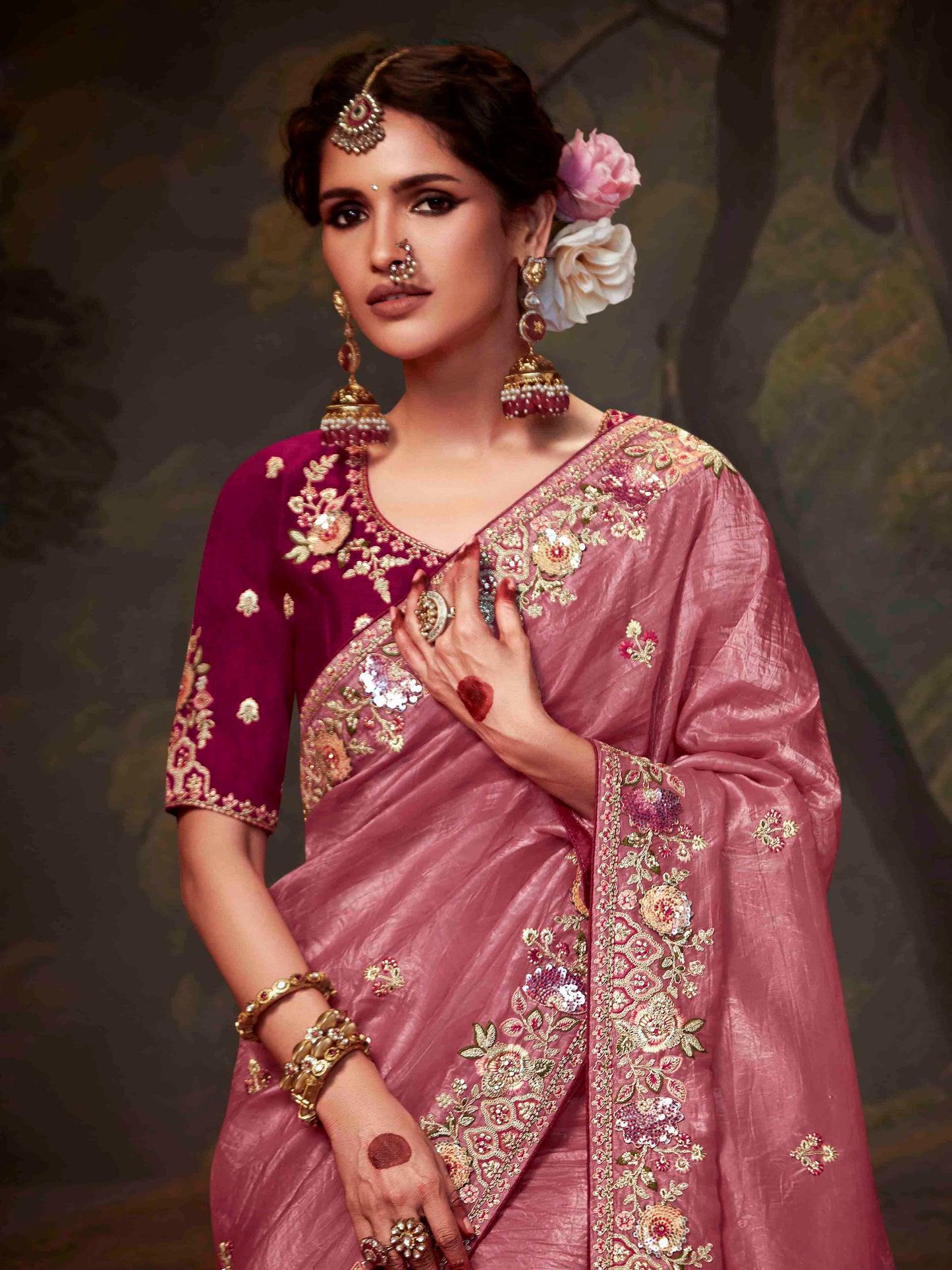 Dhiyona KM Women Rose Designer Organza Silk Saree