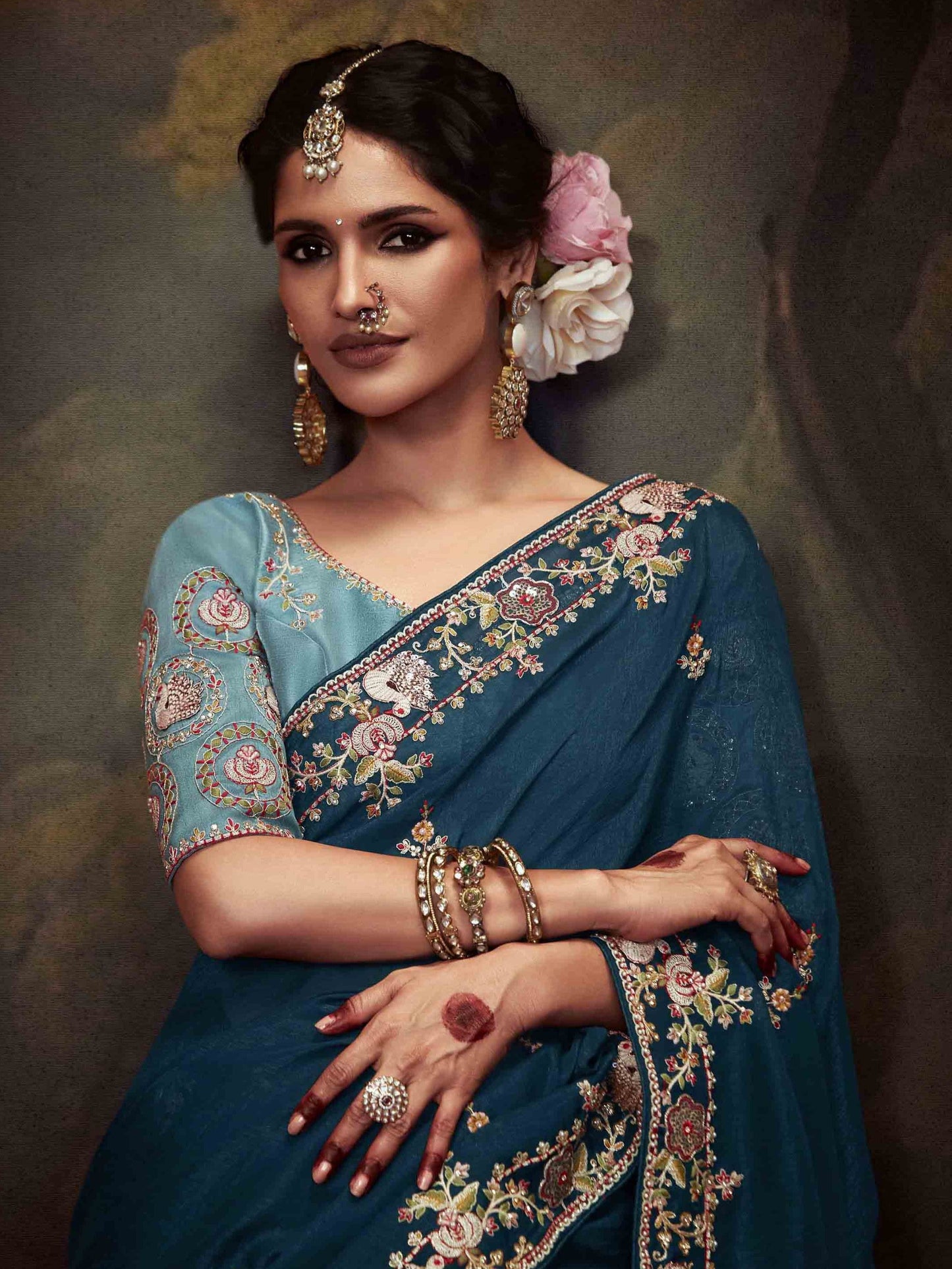 Dhiyona KM Women Teal Blue Designer Organza Silk Saree With Heavy Embroidered Floral Border And Contrast Blouse