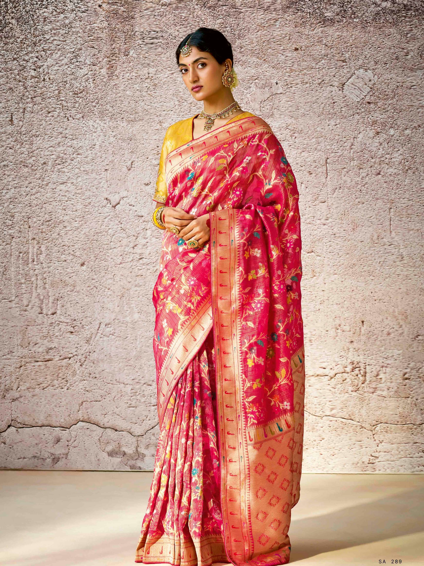 Dhiyona KM Women Classic Red Banarasi Silk Saree With Contrast Yellow Blouse