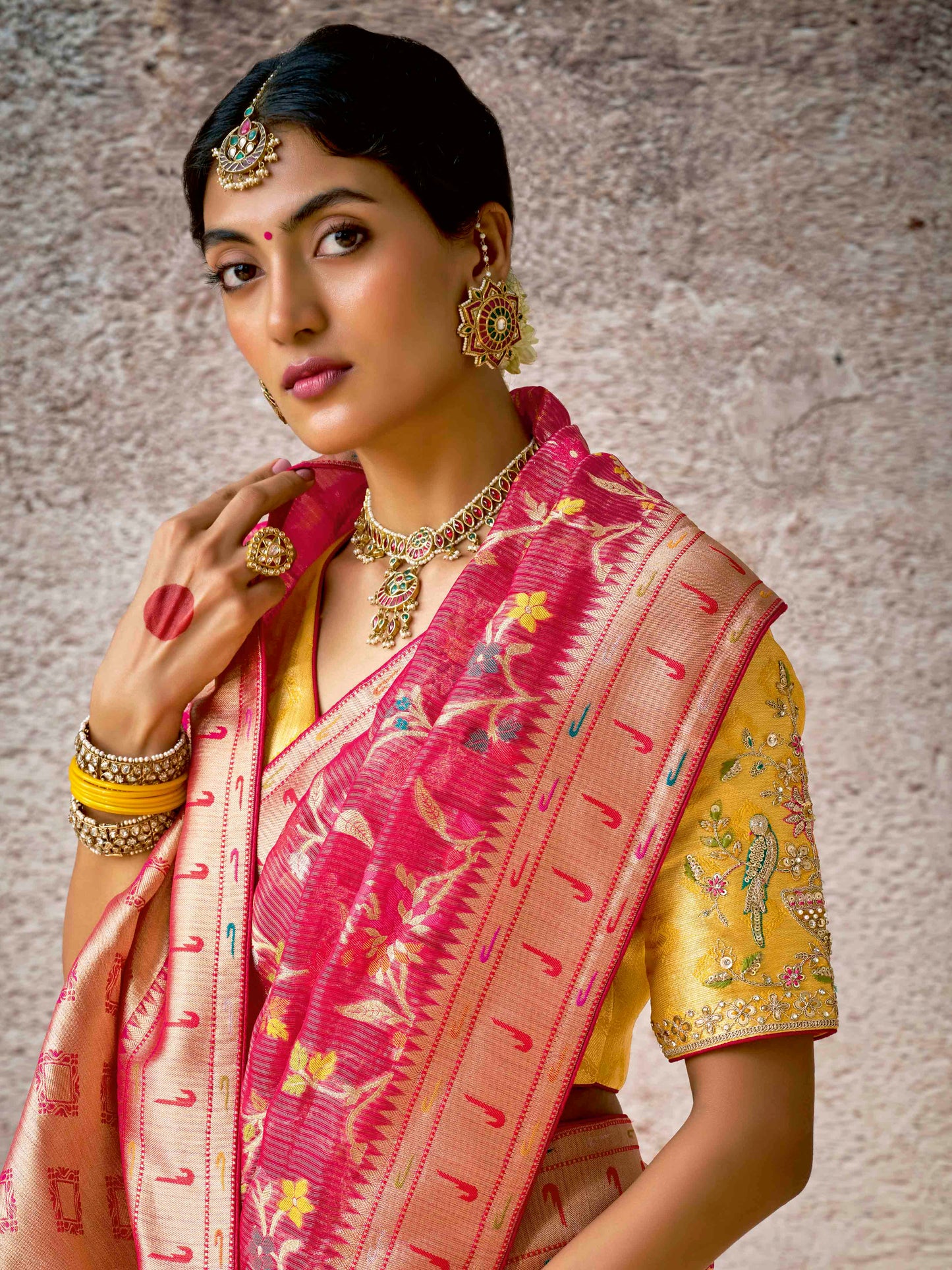 Dhiyona KM Women Classic Red Banarasi Silk Saree With Contrast Yellow Blouse