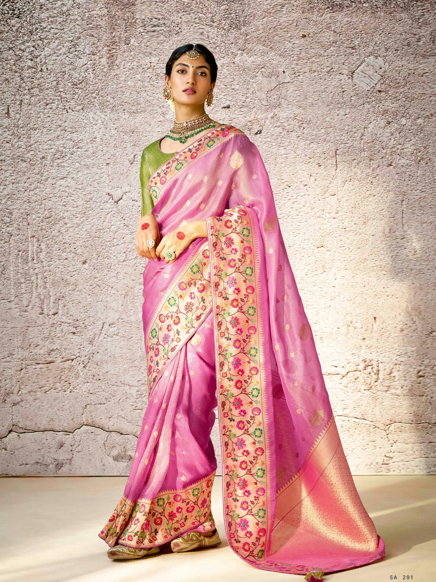 Dhiyona KM Women Graceful Pink Banarasi Silk Saree With Contrast Green Designer Blouse