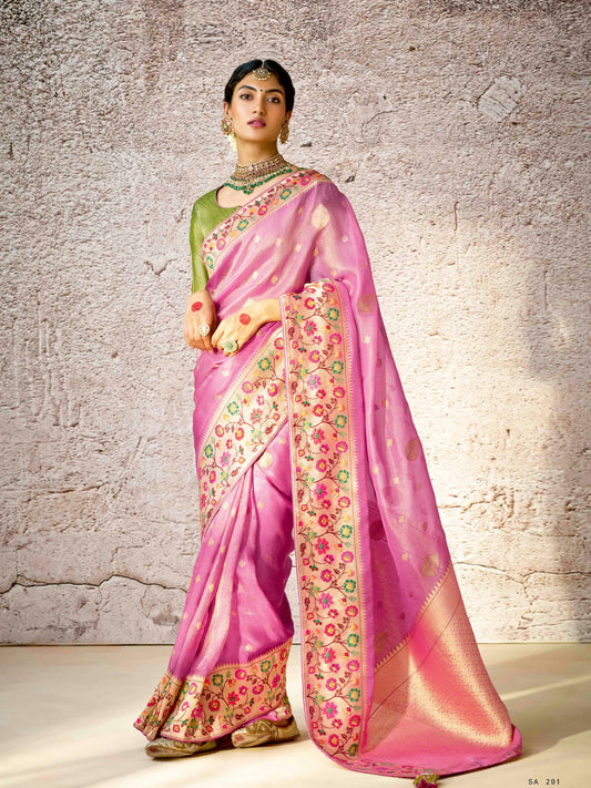 Dhiyona KM Women Graceful Pink Banarasi Silk Saree With Contrast Green Designer Blouse