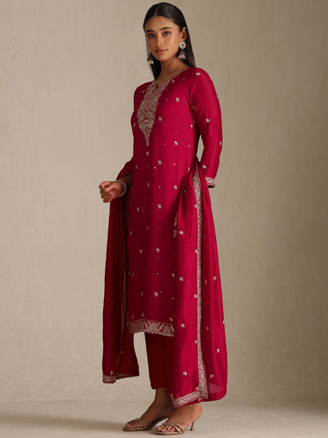 Dhiyona SO Women's Ethnic Motifs Embroidered Notch Neck Straight Kurta With Trouser & Dupatta