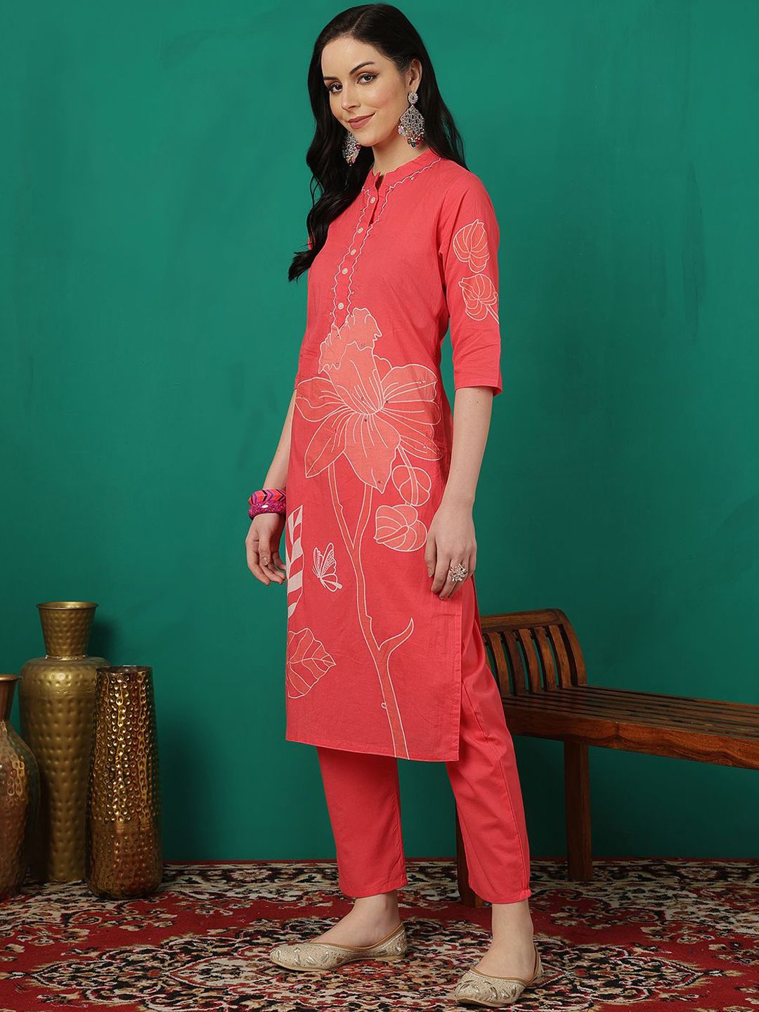 Dhiyona SN Women's Printed Pure Cotton Straight Kurta With Trouser & Dupatta