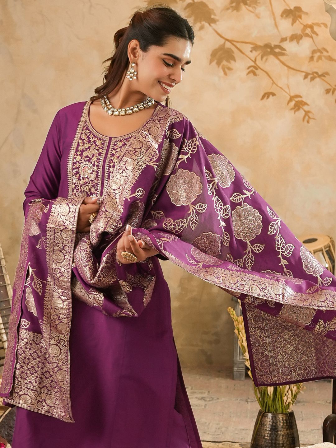 Ethnic Motifs Embroidered Sequinned Kurta With Trousers & Dupatta