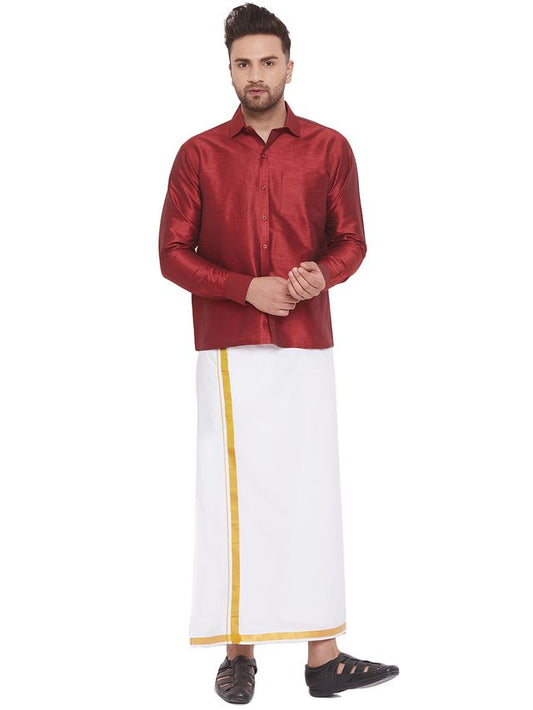 Men's Maroon Silk Blend Straight Shirt And Mundu