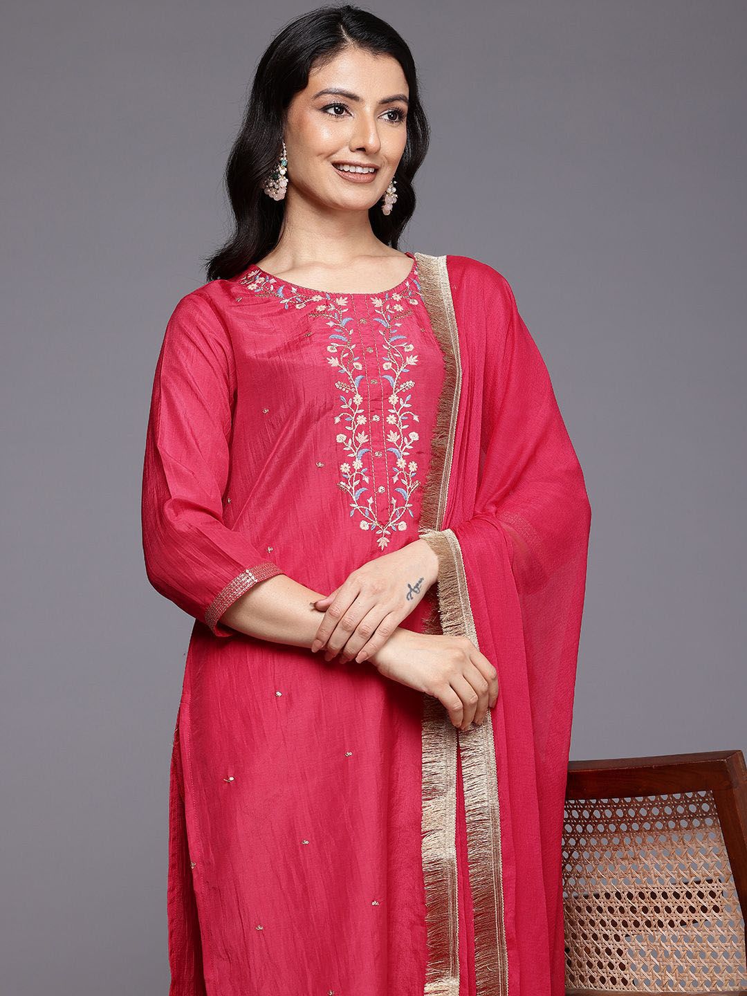 Dhiyona VA Women's Ethnic Motifs Yoke Design Thread Work Kurta with Trousers & Dupatta