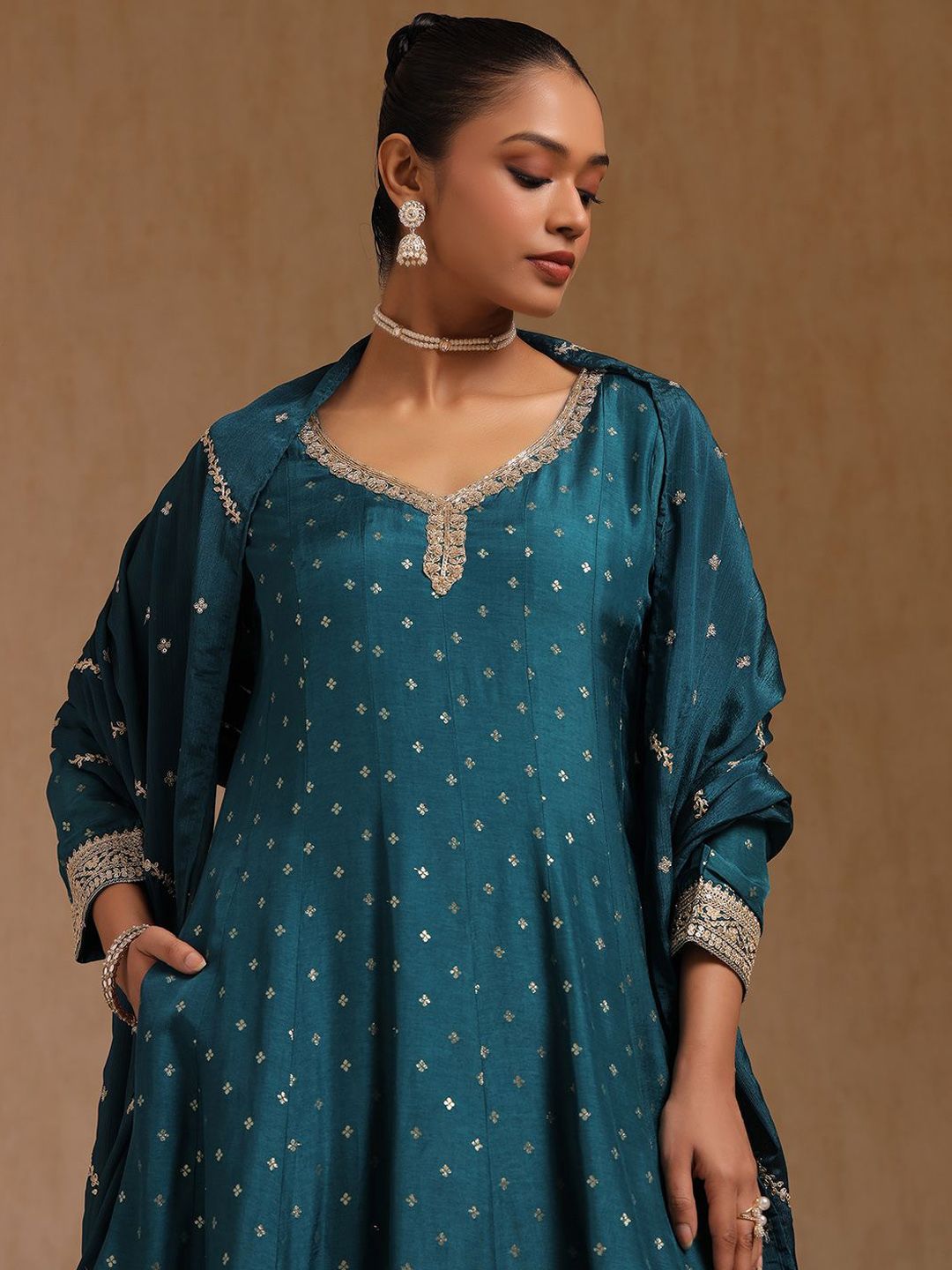 Dhiyona SO Women's Women Floral Sequinned Regular Zardozi Anarkali Suit with Palazzos & Dupatta