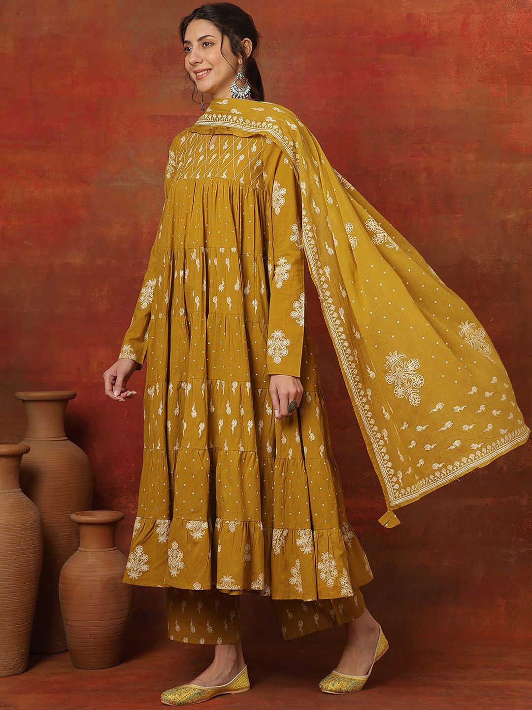 Dhiyona SN Women's Printed Pure Cotton Key Hole-Neck Anarkali Kurta & Trousers With Dupatta