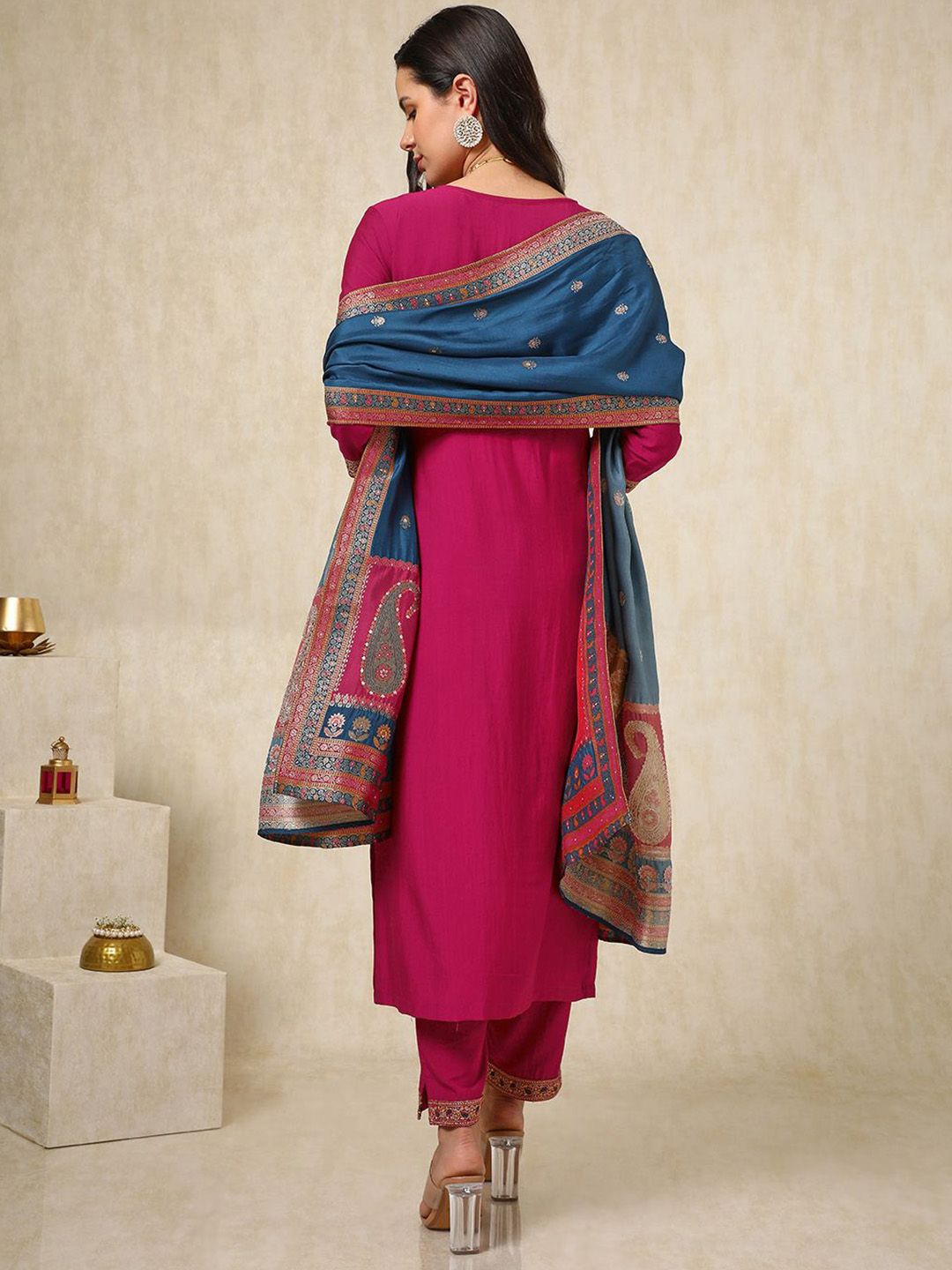 Dhiyona SO Women's Ethnic Motifs Embroidered Zardozi Straight Kurta with Trousers & Dupatta