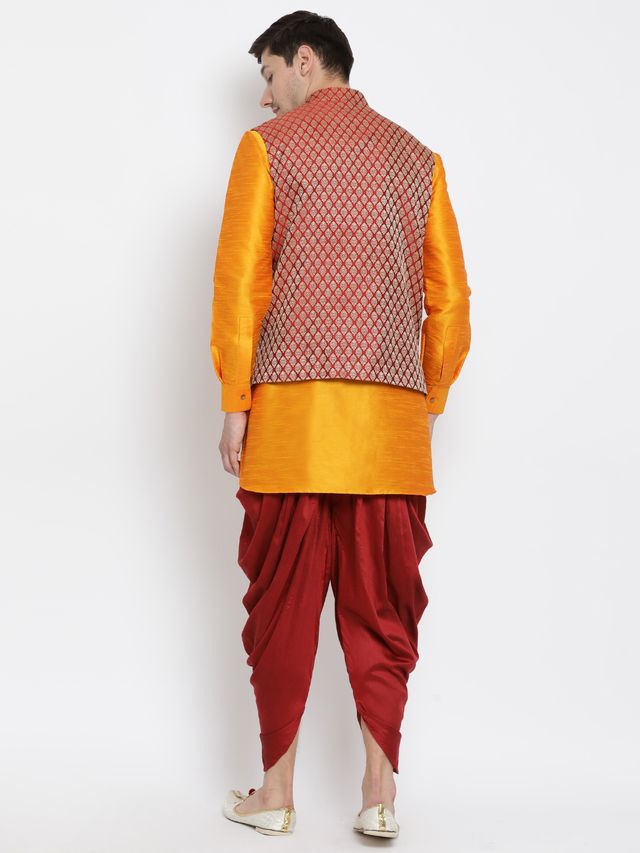 Men's Orange Silk Blend Straight Jacket Kurta and Dhoti Set