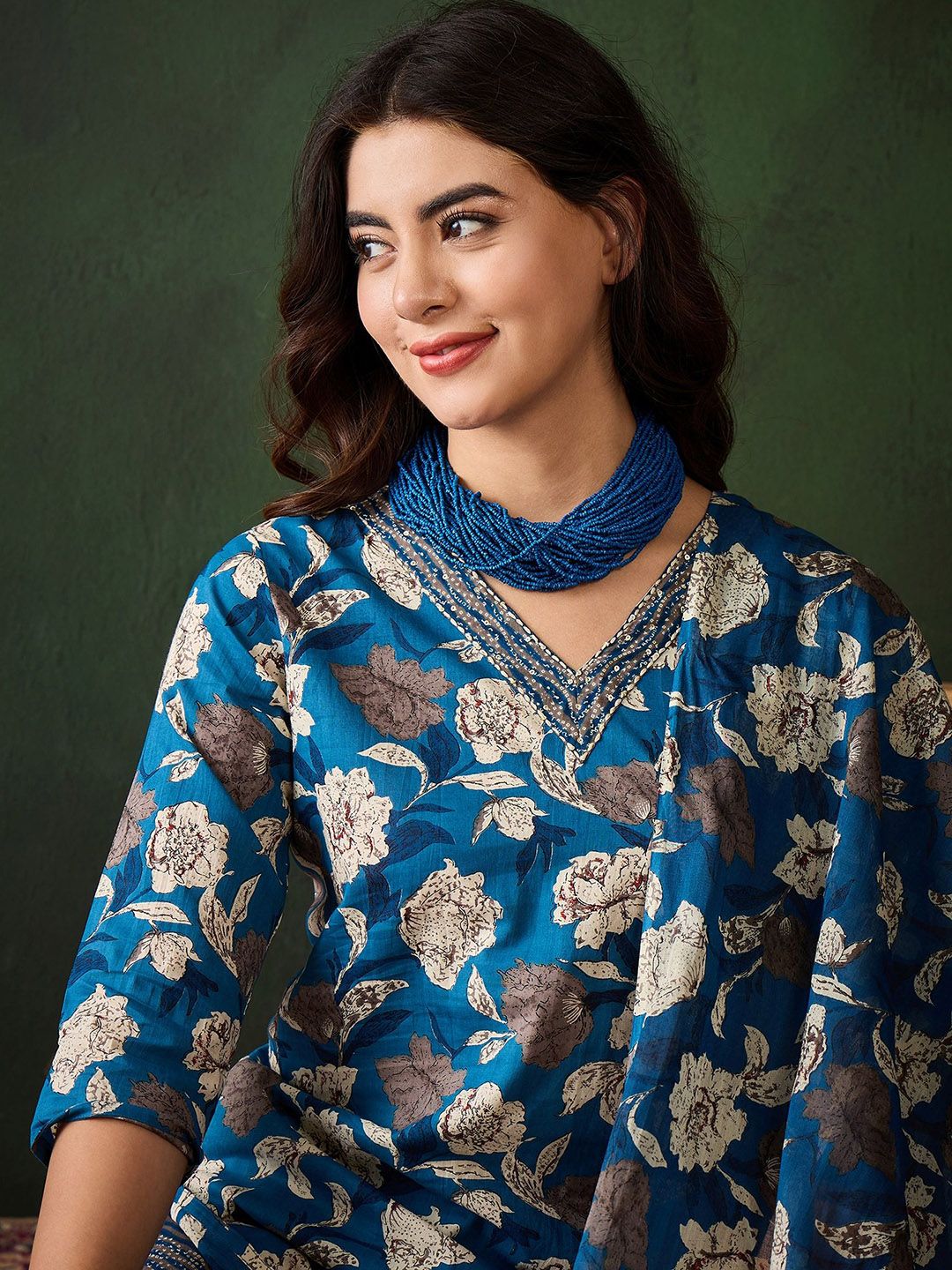 Dhiyona SN Women's Floral Printed Sequinned V-Neck Pure Cotton Straight Kurta & Trouser With Dupatta