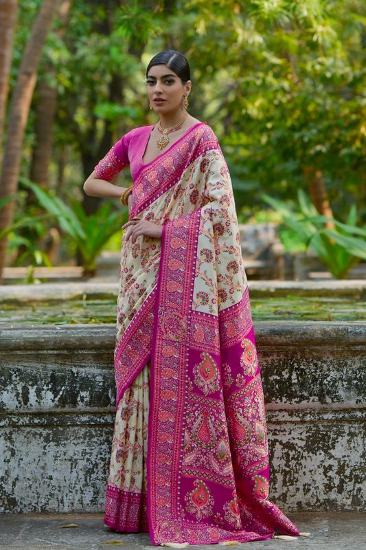 Cream Pink Pashmina Silk Saree