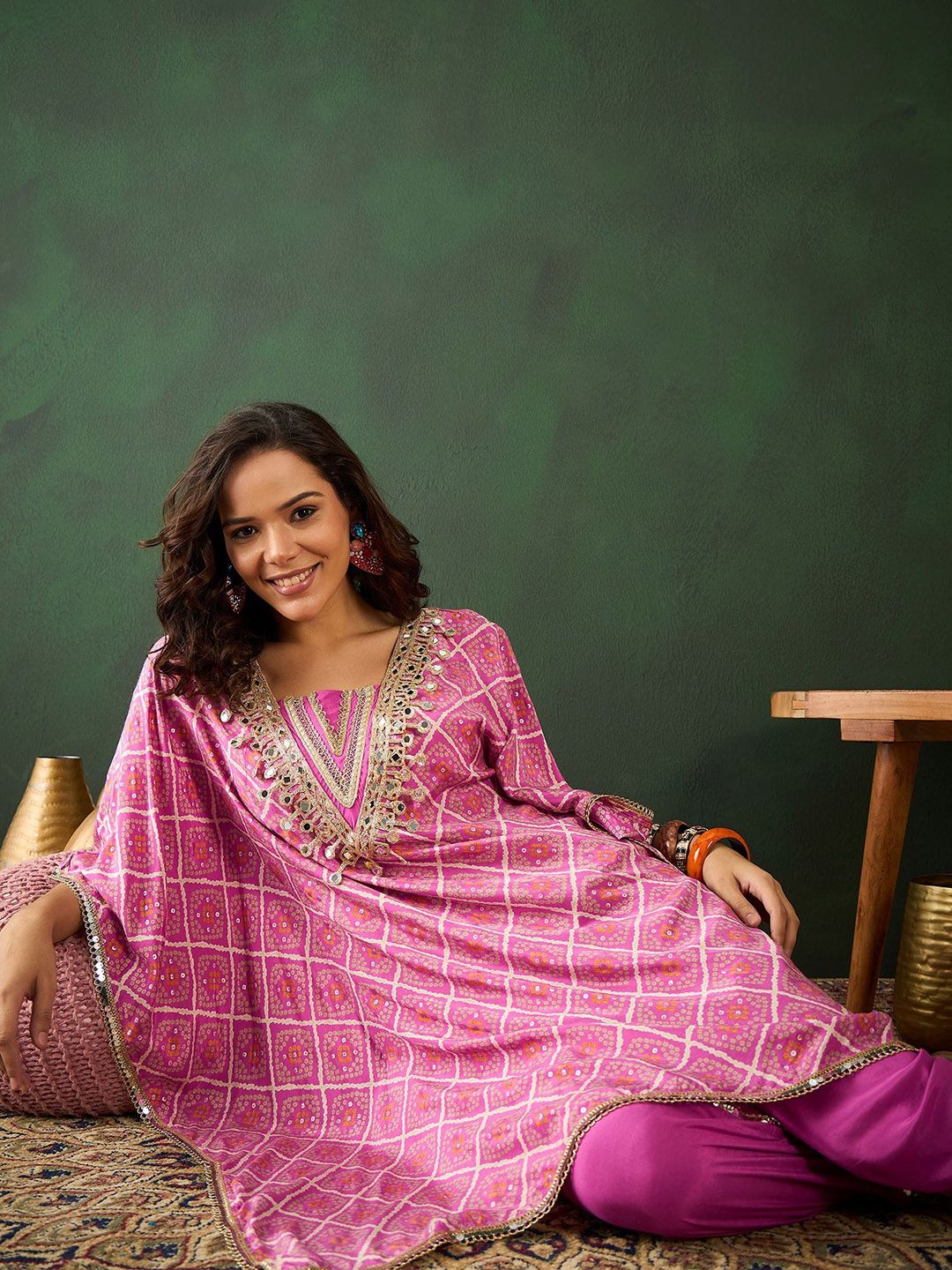 Dhiyona SN Women's Pink Bandhani Printed Gotta Patti Asymmetric Kaftan With Dhoti Pant