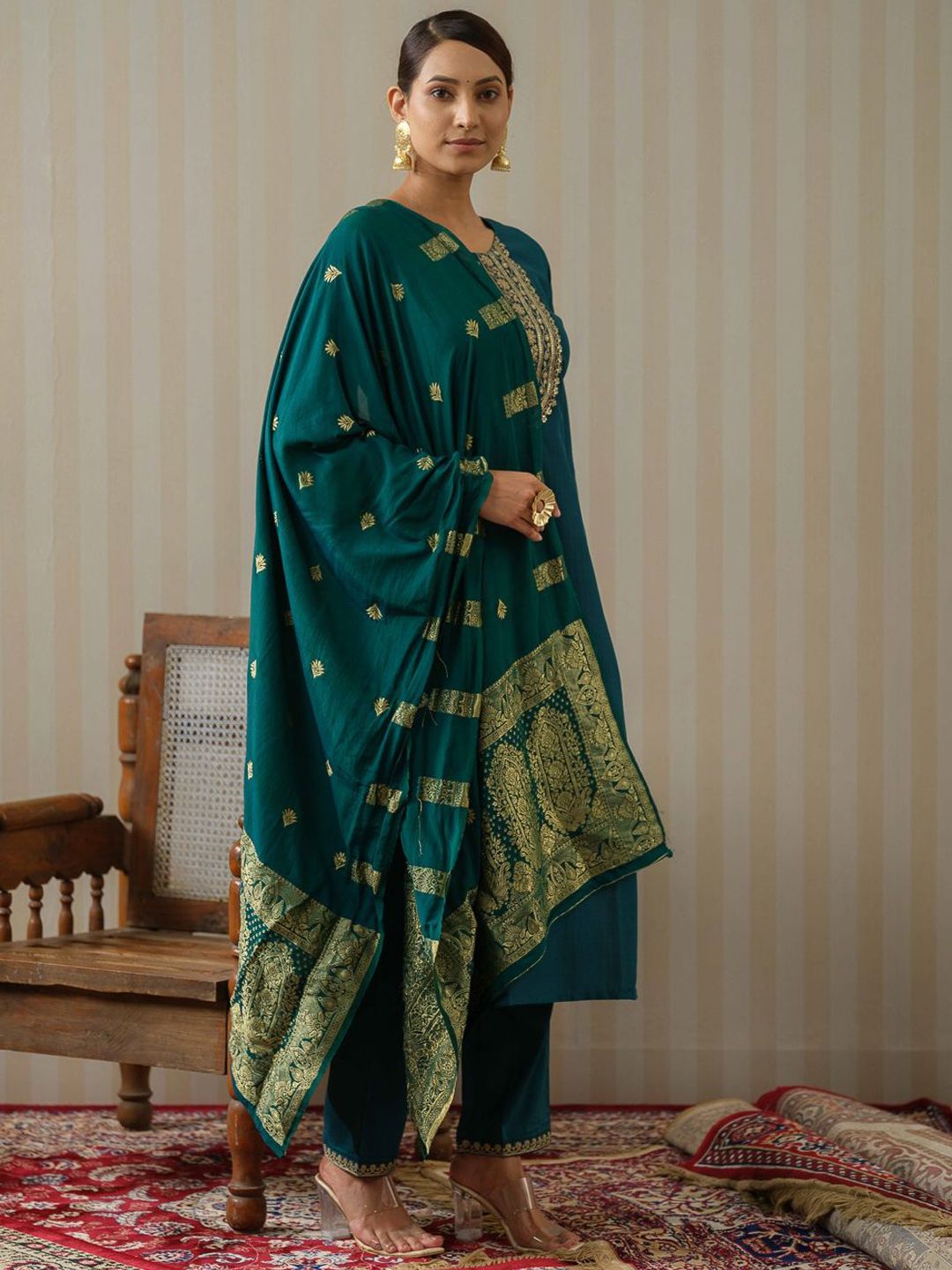 Dhiyona OD Ethnic Motifs Embroidered Straight Kurta & Trousers With Dupatta