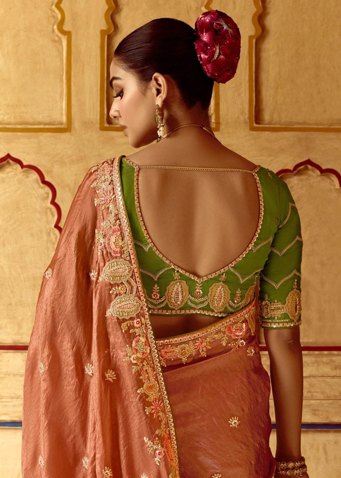 Dhiyona KM Women Peach Designer Tissue Silk Saree With Green Blouse