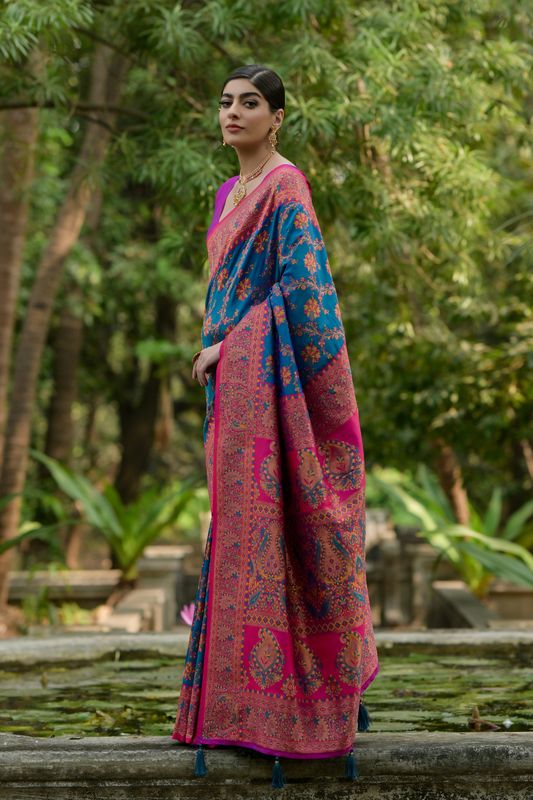 Firozi Wine Pashmina Silk Saree