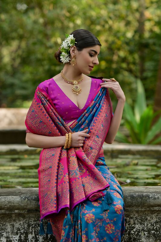 Firozi Wine Pashmina Silk Saree