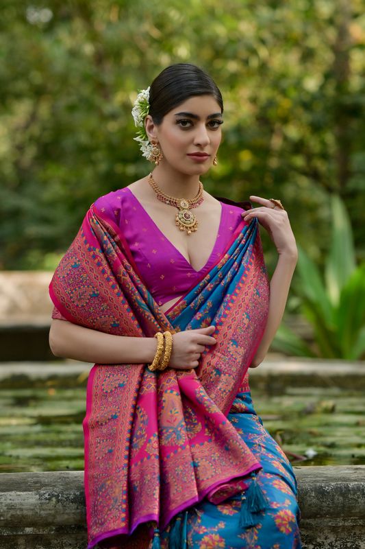 Firozi Wine Pashmina Silk Saree