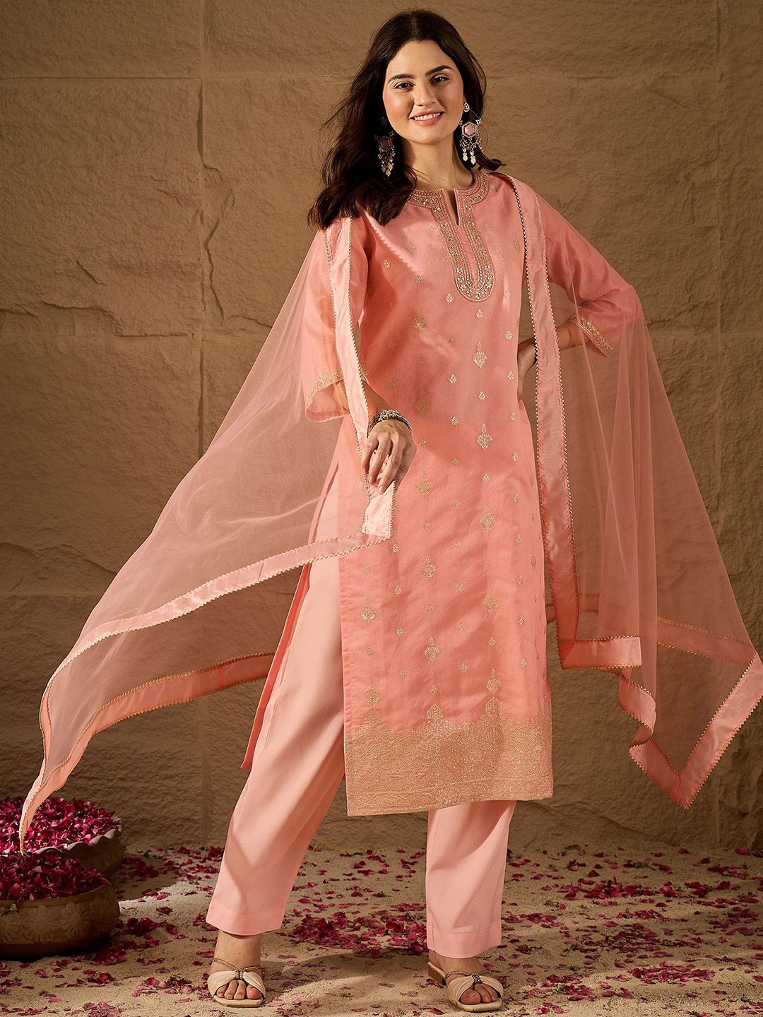 Dhiyona PD Women Printed & Embroidered Round Neck Kurta Trouser Dupatta Set